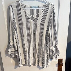 She + Sky White Blouse with Black Vertical Stripes and Crisscross V-Neck